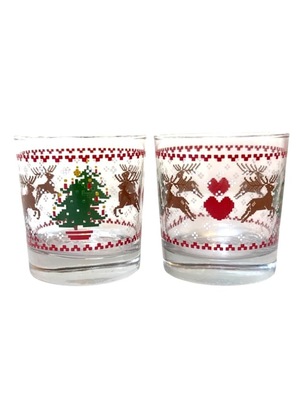 Vintage 80's Christmas Retro Glass Tumblers Set of 2 Cross Stich Reindeer Christ